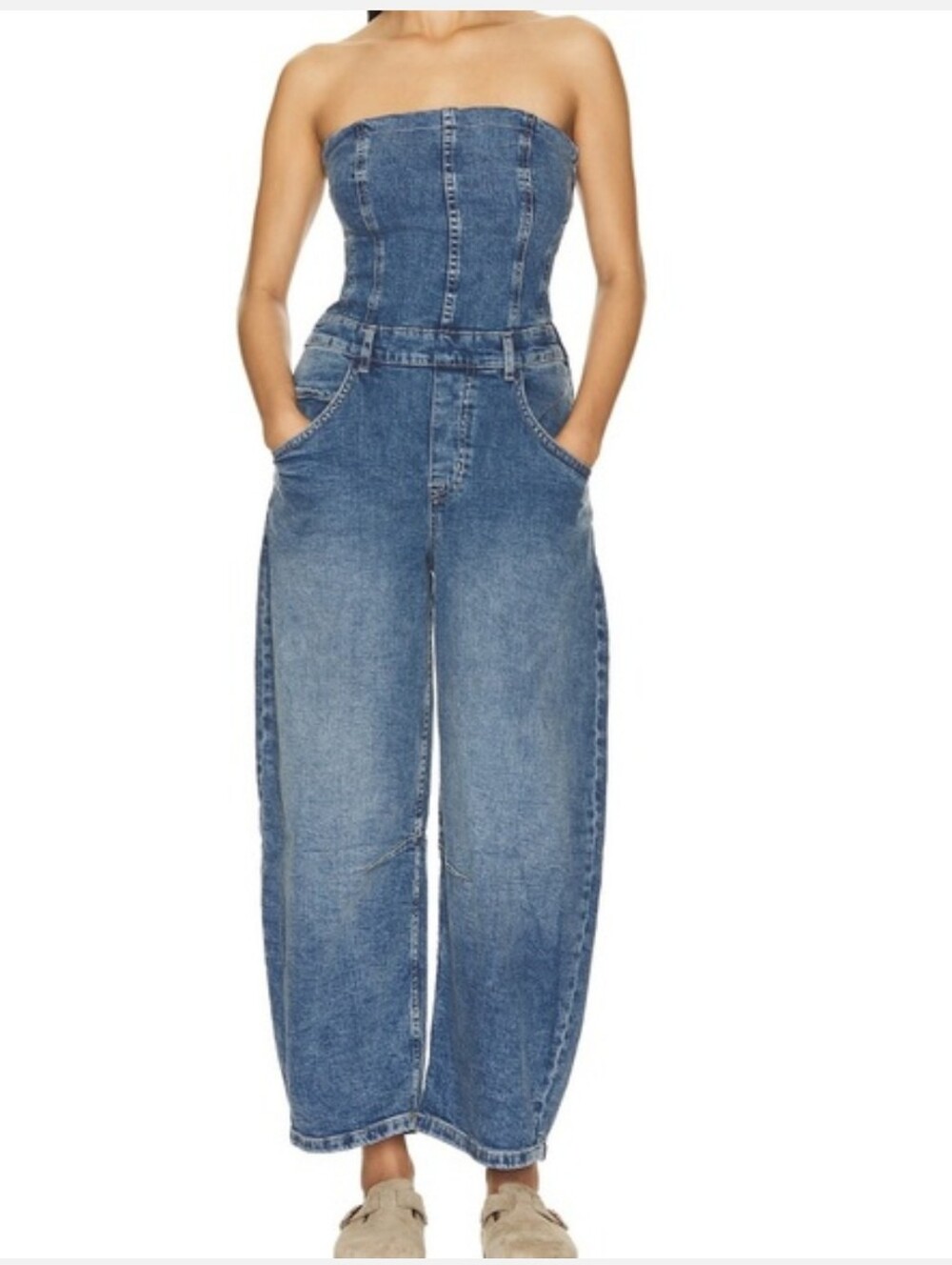 We The Free Free People Je Suis Pret Denim Strapless Barrel Leg Jumpsuit NWT M - Picture 16 of 16